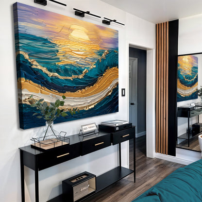 Golden Hour Wall Art canvas by Tailored Canvases, textured gold seascape with teal waves on Tampa Home & Garden Store