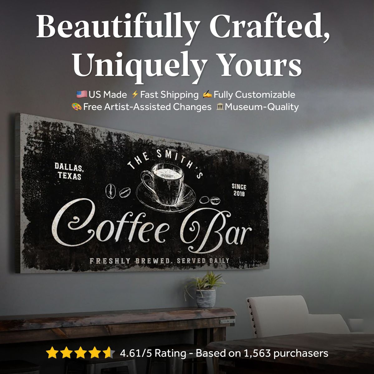 Canvas Coffee Bar sign by Tailored Canvases, chalkboard-style black with white script on Tampa Home & Garden Store