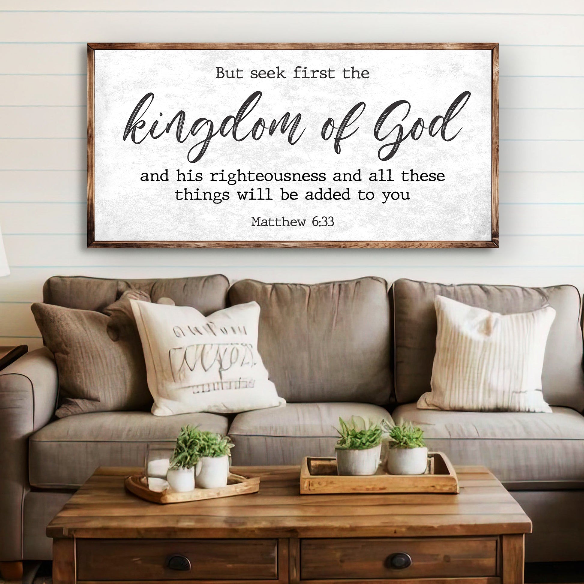 Tailored Canvases sign 6:33 kingdom of God in black script on white background wood frame on Tampa Home & Garden Store