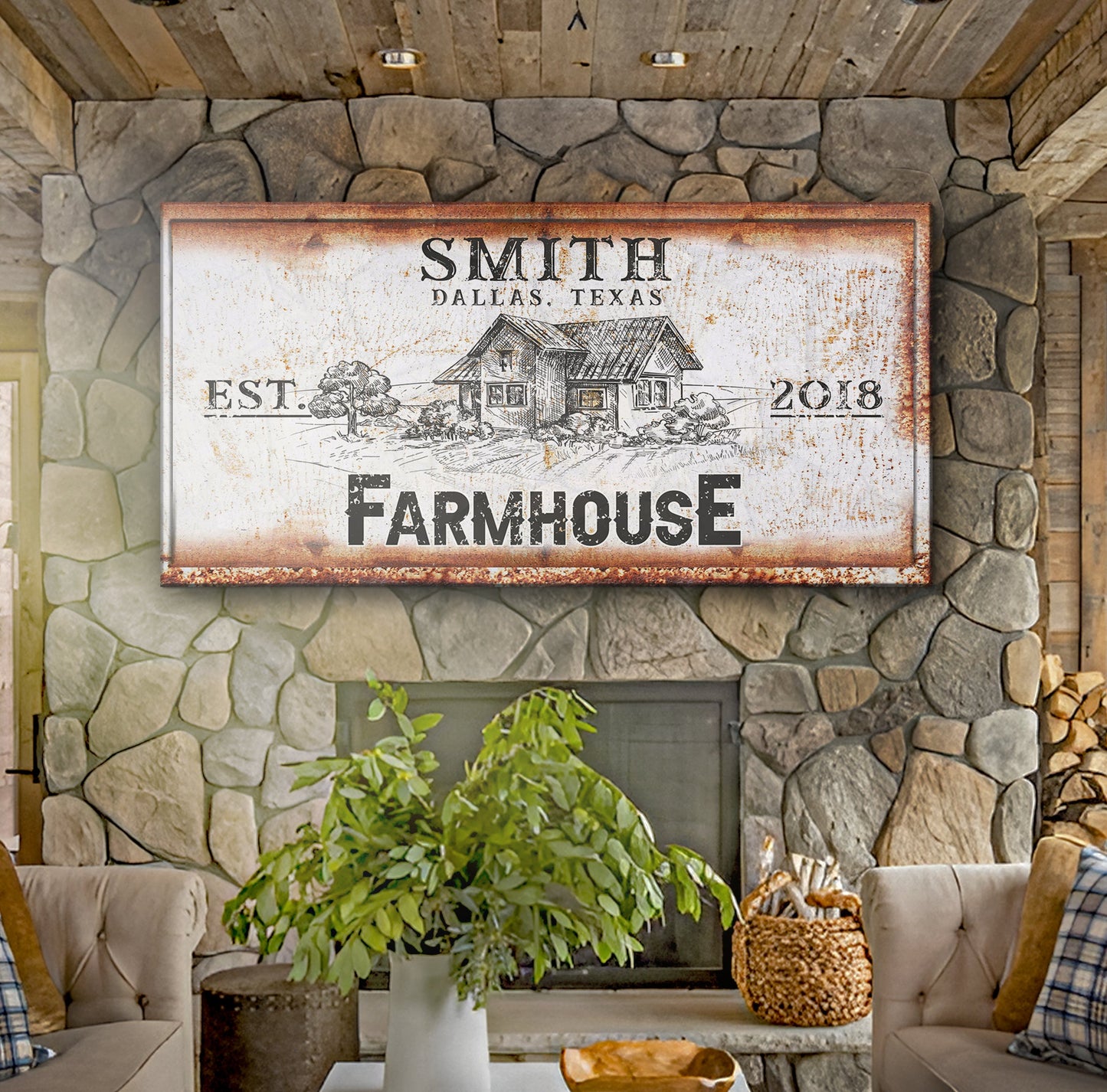 Canvas Rustic Farmhouse Personalized Sign III by Tailored Canvases with rusted border on Tampa Home & Garden Store