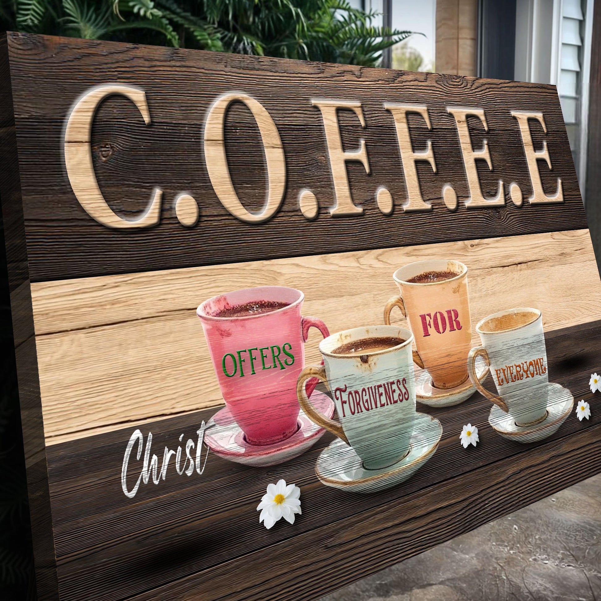 COFFEE Faith Sign II canvas with wood grain background and four colorful mugs on a wooden table on Tampa Home & Garden Store
