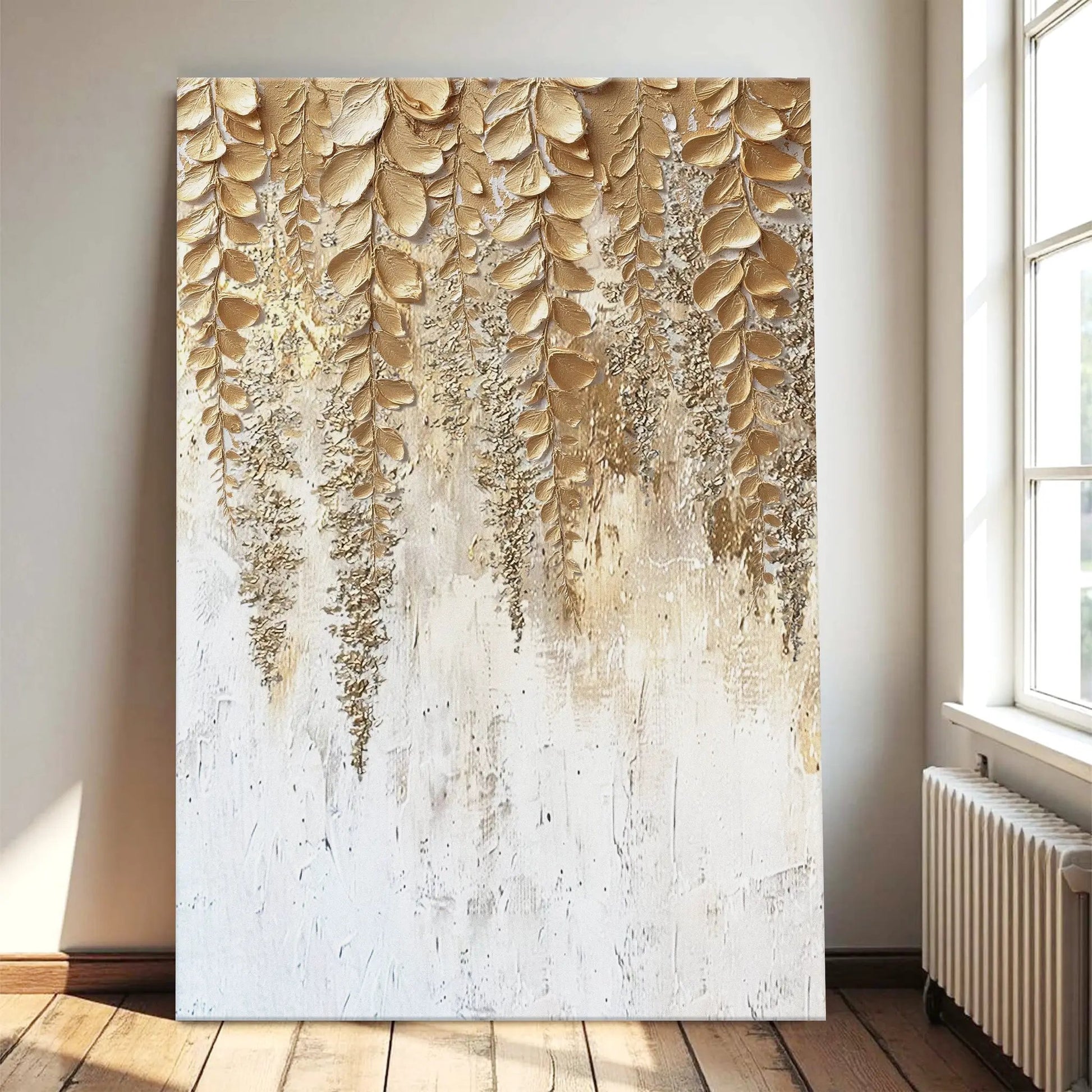 Golden Wisteria Wall Art canvas with cascading metallic gold leaves by Tailored Canvases on Tampa Home & Garden Store