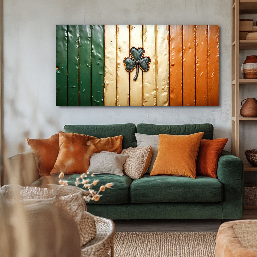 Irish Shamrock Glory canvas art II by Tailored Canvases in green and orange wood planks on Tampa Home & Garden Store