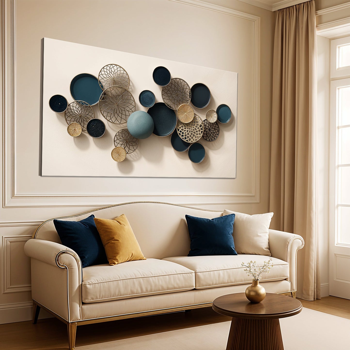 Lotus Leaf Abstract Wall Art Canvas with teal navy discs and gold wire lattice on Tampa Home & Garden Store