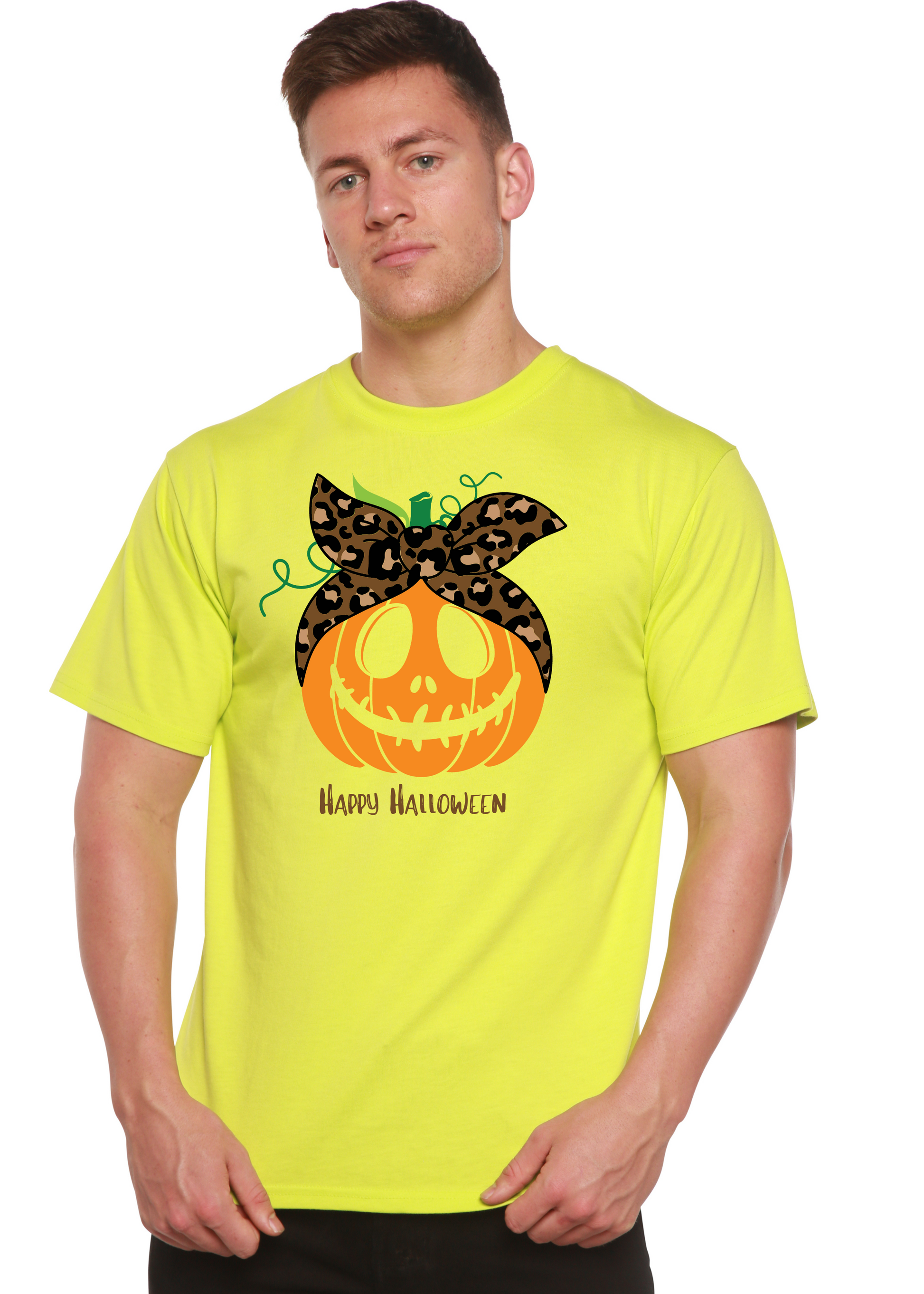 Happy Halloween men's bamboo viscose/organic cotton graphic T-shirt, neon yellow with leopard bow pumpkin on Tampa Home & Garden Store