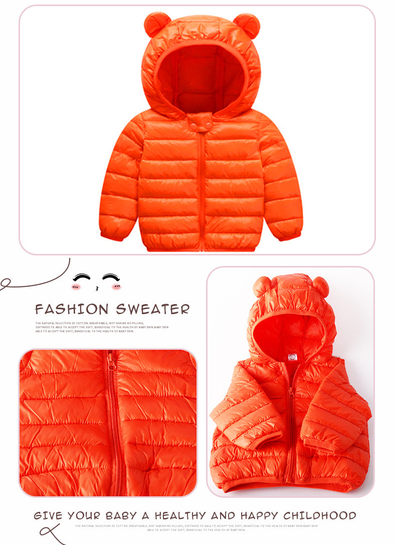 Stevvex orange puffer baby jacket with hood and bear ears for autumn winter warmth on Tampa Home & Garden Store