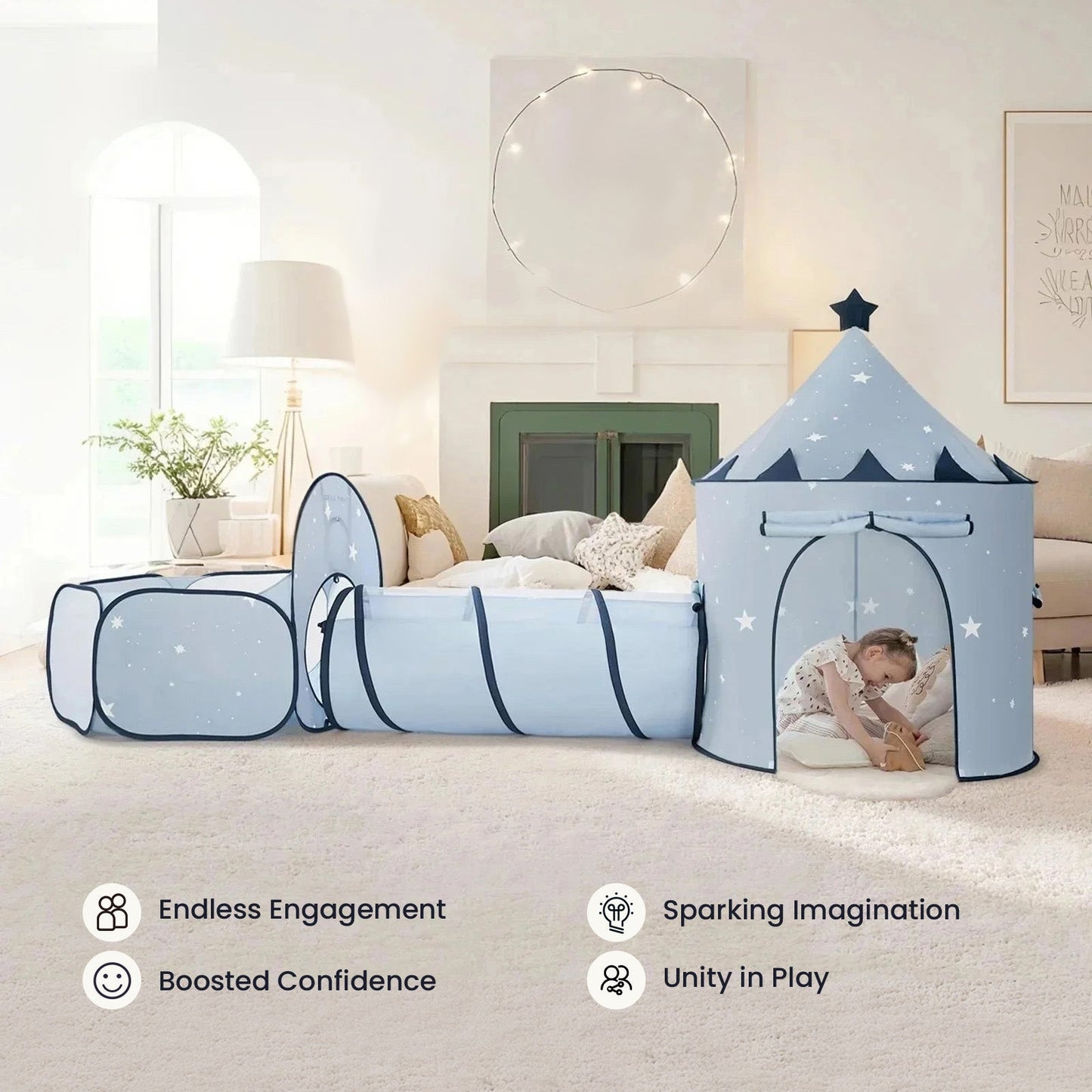 Tiny Land INC Compact Adventure 3-in-1 Play Tunnel in light blue; girl playing inside on Tampa Home & Garden Store