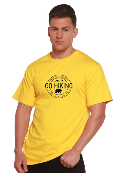Go Hiking yellow bamboo viscose/organic cotton graphic T-shirt by Spun Bamboo with black logo on Tampa Home & Garden Store