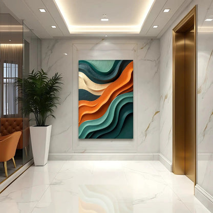 Wave Abstract Wall Art canvas by Tailored Canvases with teal, orange, and cream waves on Tampa Home & Garden Store