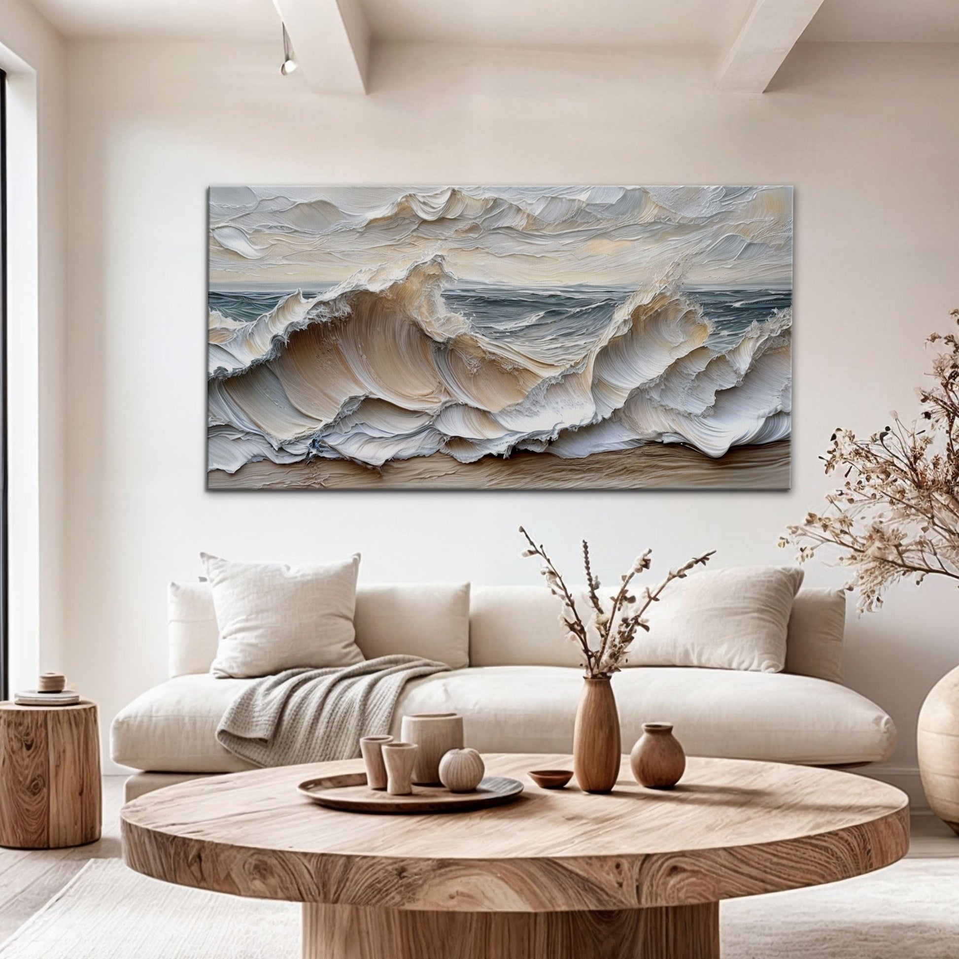 Ocean Waves Wall Art canvas by Tailored Canvases, textured ocean waves in blue beige tones on Tampa Home & Garden Store
