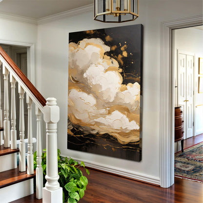 Auric Cloud Abstract Wall Art canvas featuring gold white black swirling texture, vertical panel on Tampa Home & Garden Store
