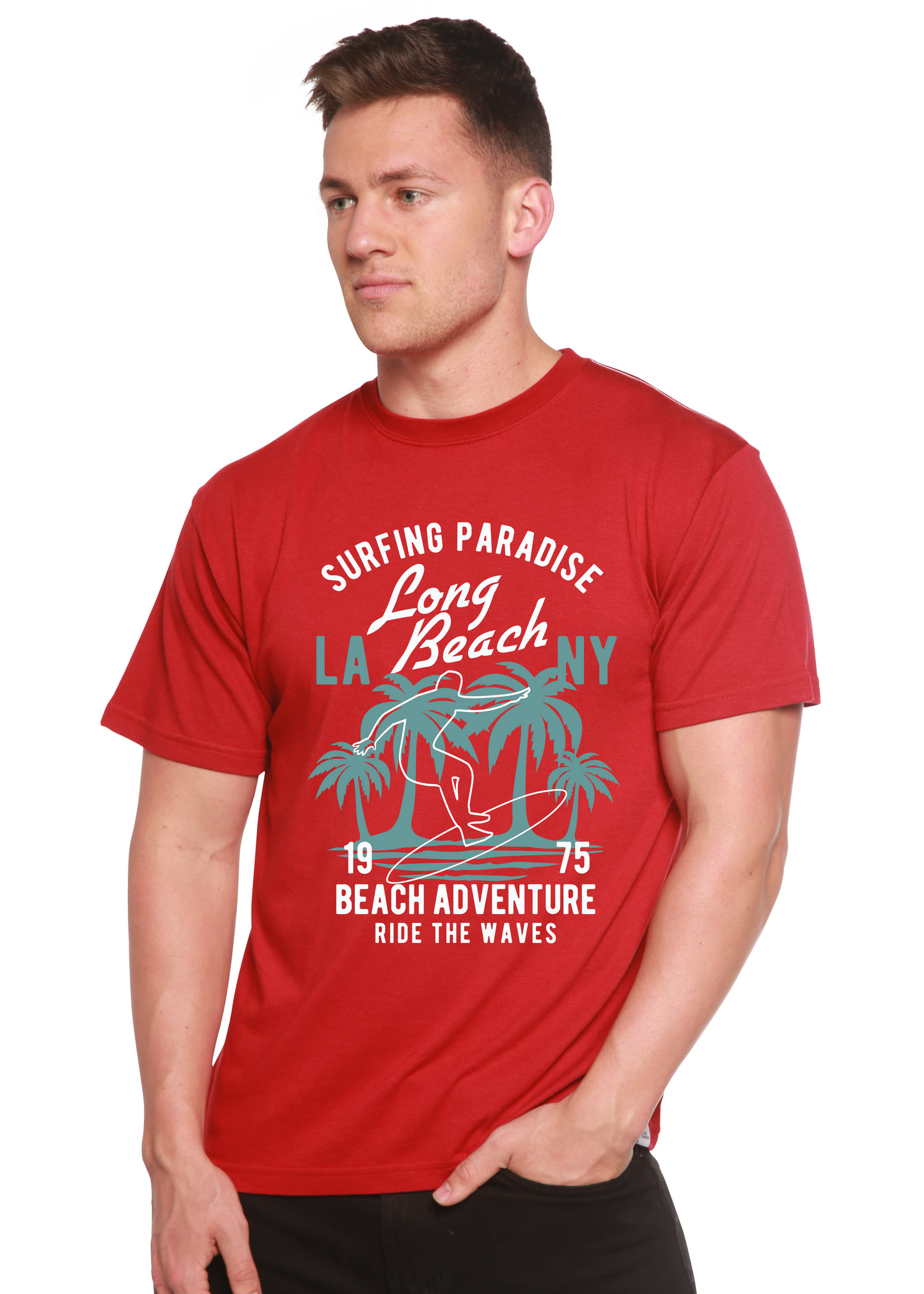 Beach Adventure men's red short sleeve graphic T-shirt in bamboo viscose/organic cotton with teal palm print on Tampa Home & Garden Store