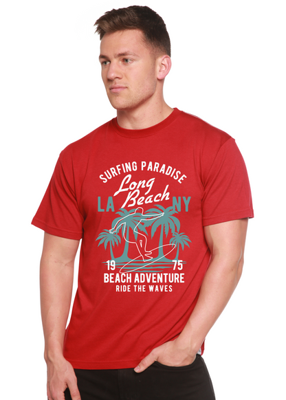 Beach Adventure men's red short sleeve graphic T-shirt in bamboo viscose/organic cotton with teal palm print on Tampa Home & Garden Store