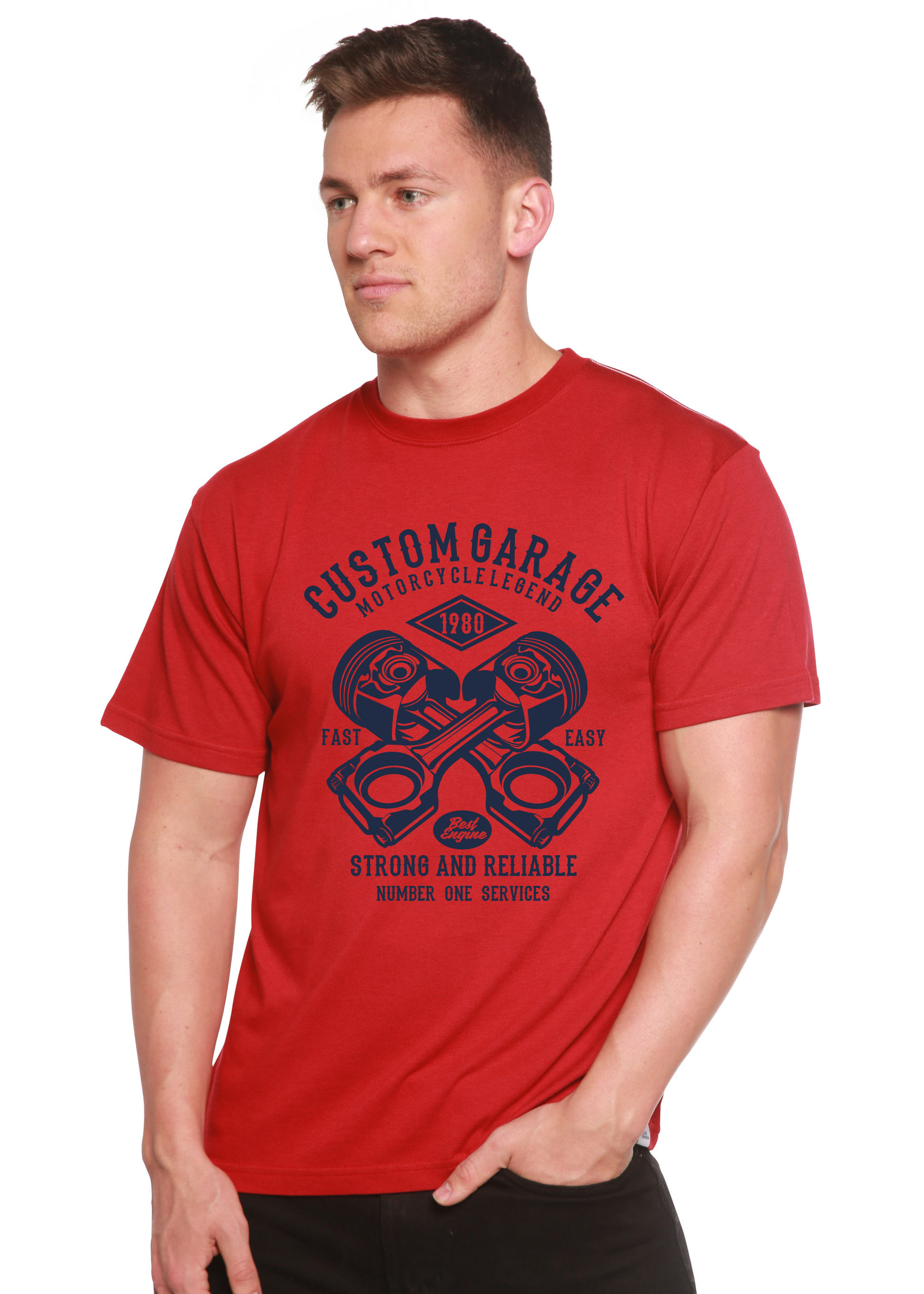 Custom Garage men's bamboo viscose/organic cotton red graphic T-shirt with navy engine print on Tampa Home & Garden Store