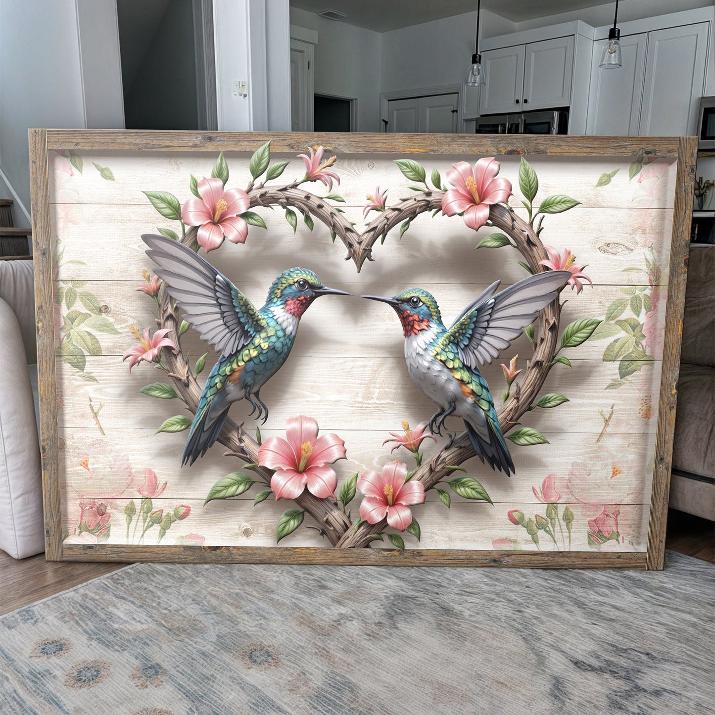 3D Hummingbirds Wall Art canvas with two hummingbirds and hibiscus on a rustic wood frame on Tampa Home & Garden Store