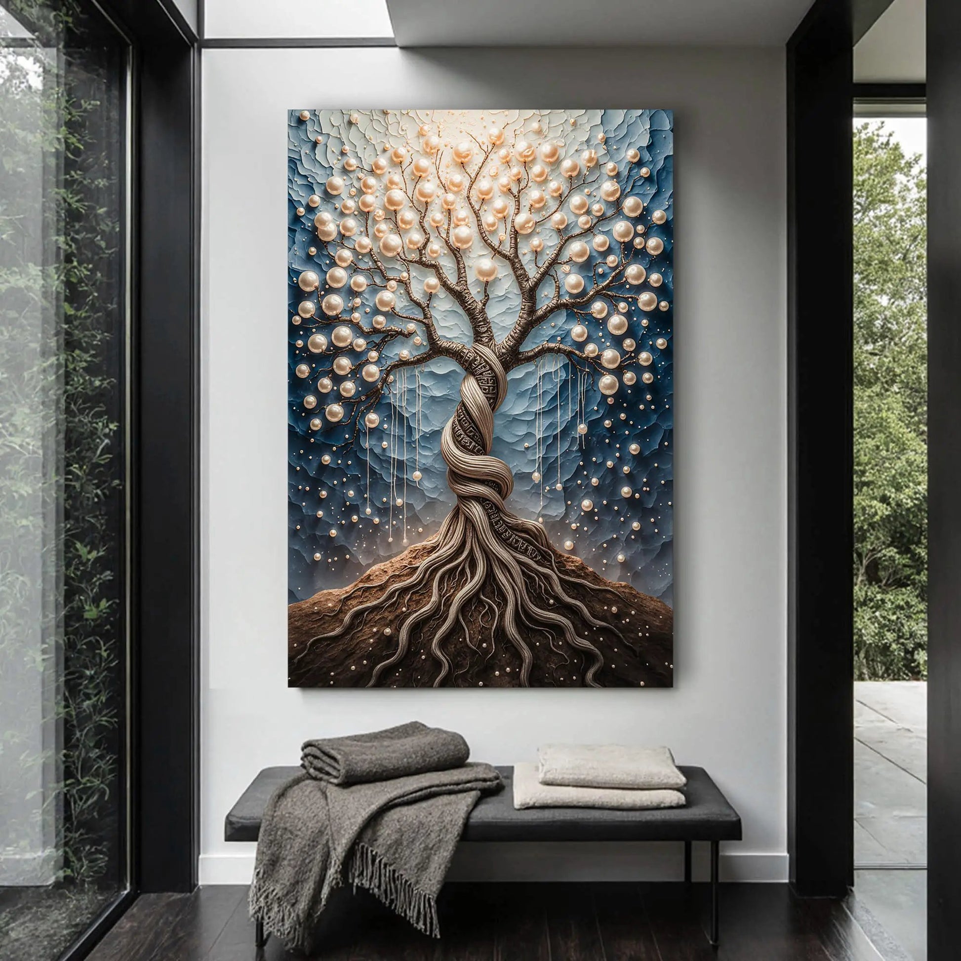 The Pearl Tree Wall Art canvas with blue gradient background and pearl spheres on twisting branches on Tampa Home & Garden Store