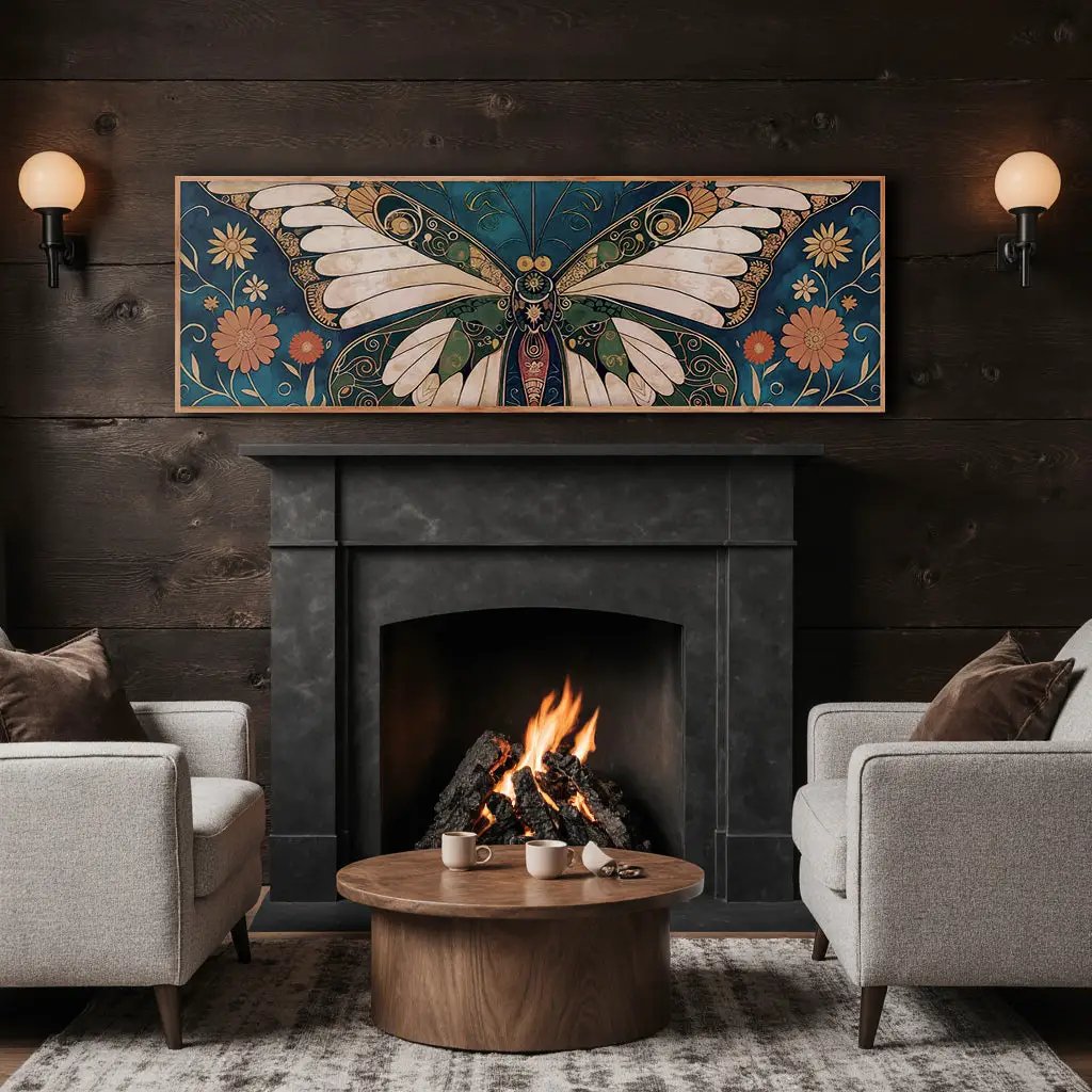 Abstract Vintage Butterfly Wall Art canvas by Tailored Canvases with teal motif above fireplace on Tampa Home & Garden Store