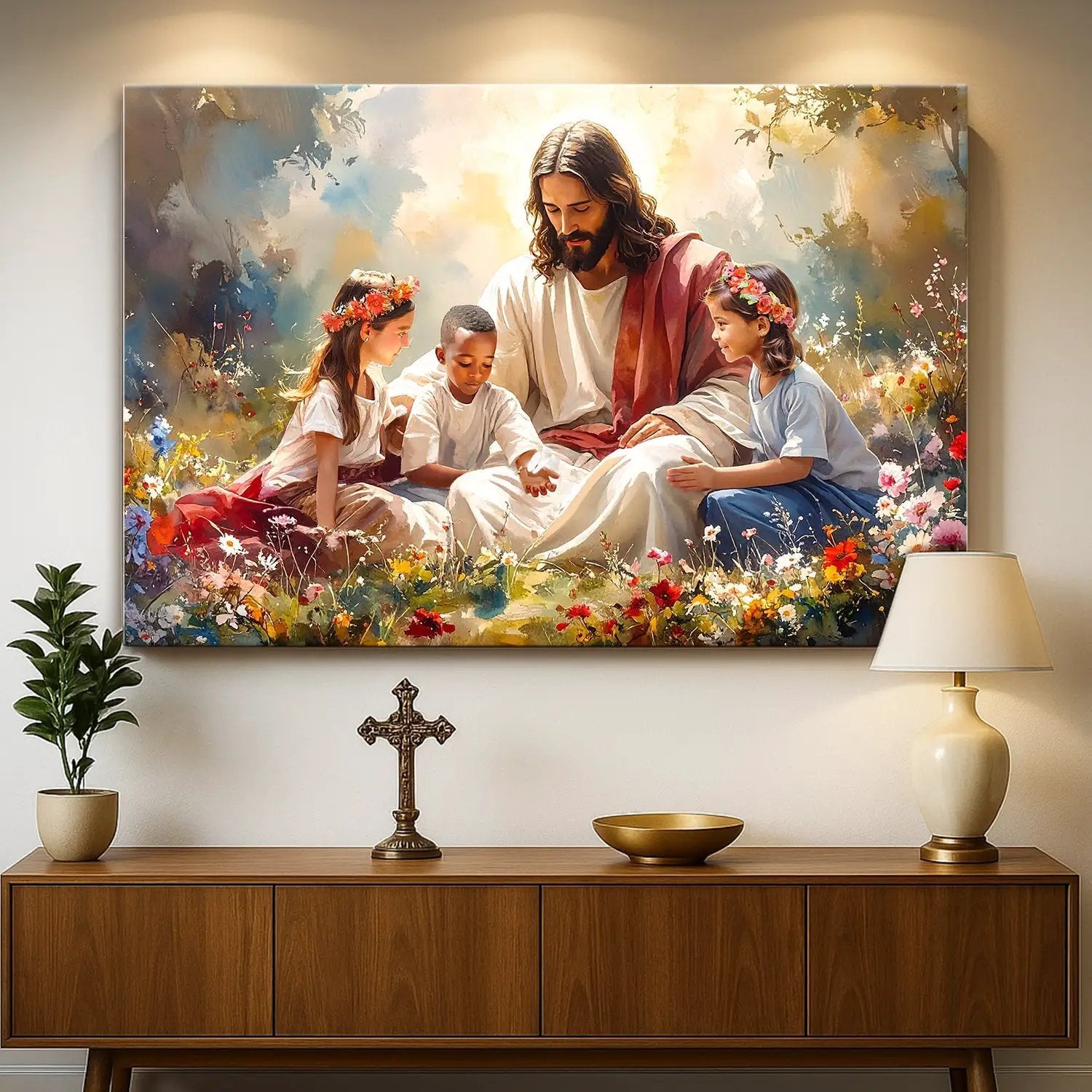 Jesus With Children Faith Wall Art IX canvas Tailored Canvases, Jesus with kids amid flowers on Tampa Home & Garden Store