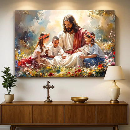 Jesus With Children Faith Wall Art IX canvas Tailored Canvases, Jesus with kids amid flowers on Tampa Home & Garden Store