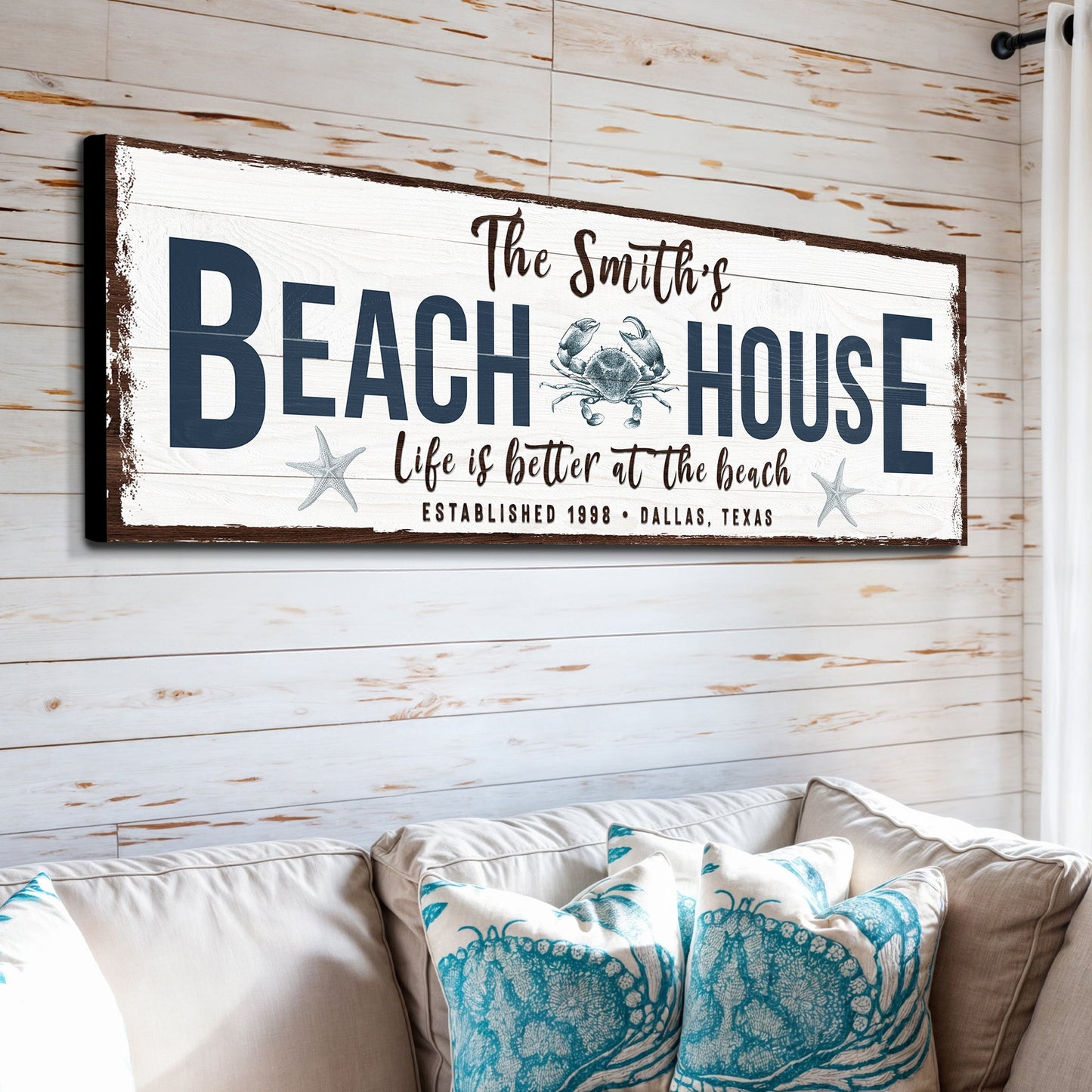 Personalized Beach House Sign canvas by Tailored Canvases with navy lettering and crab on Tampa Home & Garden Store