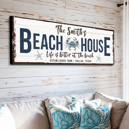 Personalized Beach House Sign canvas by Tailored Canvases with navy lettering and crab on Tampa Home & Garden Store