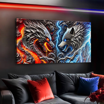 3D Dragon and Wolf Wall Art IV canvas with fiery red dragon left and electric blue wolf right on Tampa Home & Garden Store