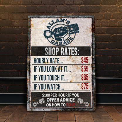 Garage Rules canvas sign by Tailored Canvases featuring Allan's Garage logo and shop rates on Tampa Home & Garden Store