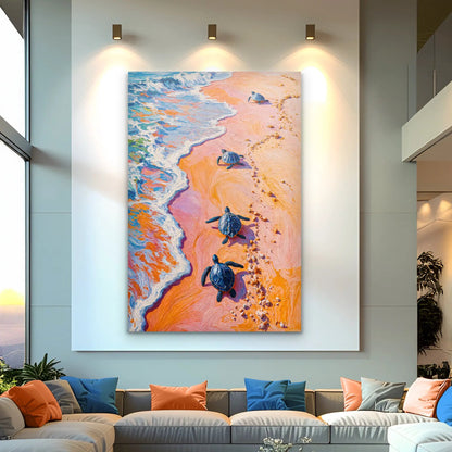 Turtles' Journey To The Sea canvas by Tailored Canvases, vibrant orange sand and blue waves on Tampa Home & Garden Store