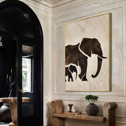 Elephant Heritage Wall Art canvas with dark silhouette on beige background and gold frame on Tampa Home & Garden Store