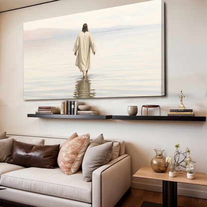 Reflections Faith Wall Art XII canvas Tailored Canvases, serene seascape with cream robe figure on Tampa Home & Garden Store