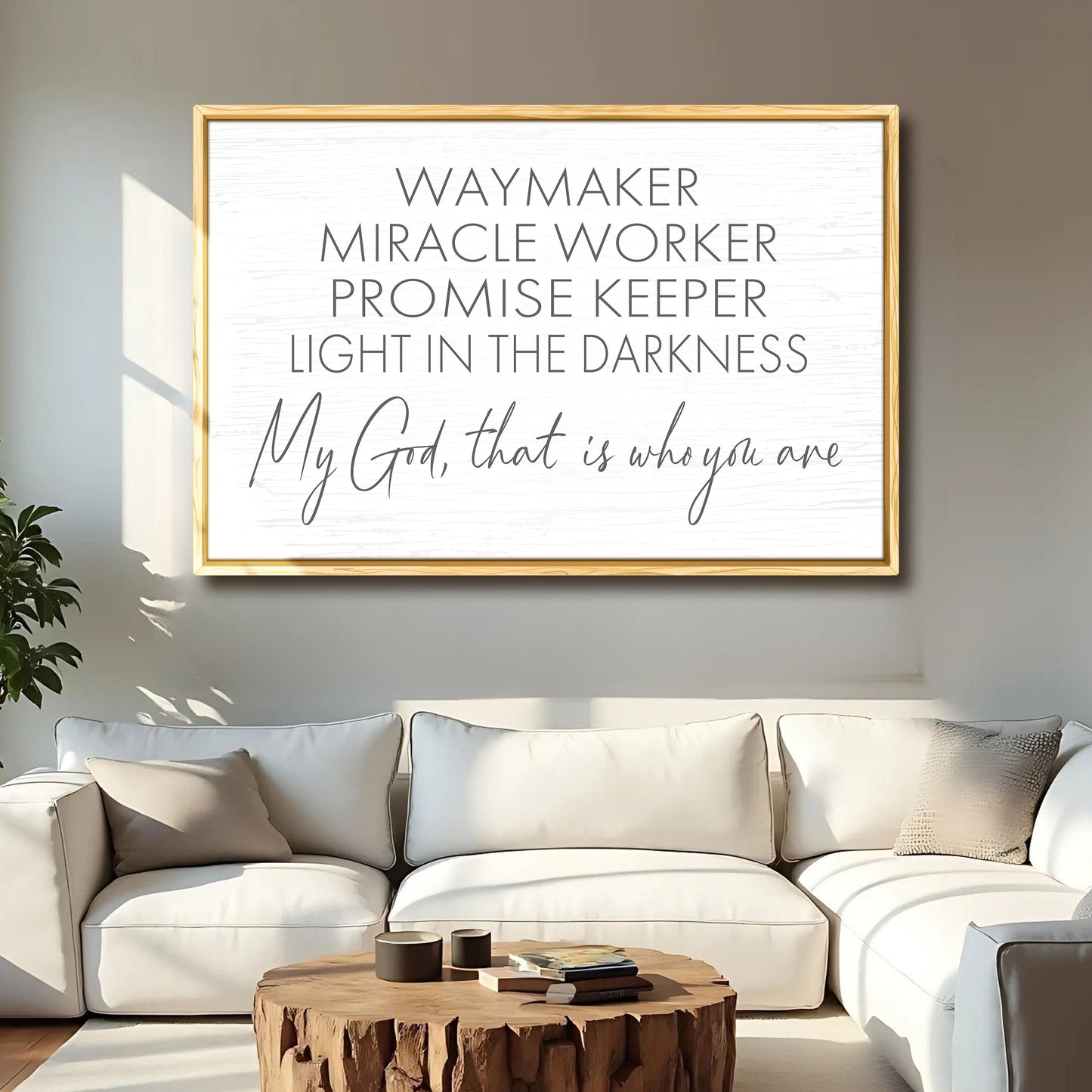 My God Way Maker Miracle Worker Faith Sign II canvas with light wood frame and white background on Tampa Home & Garden Store