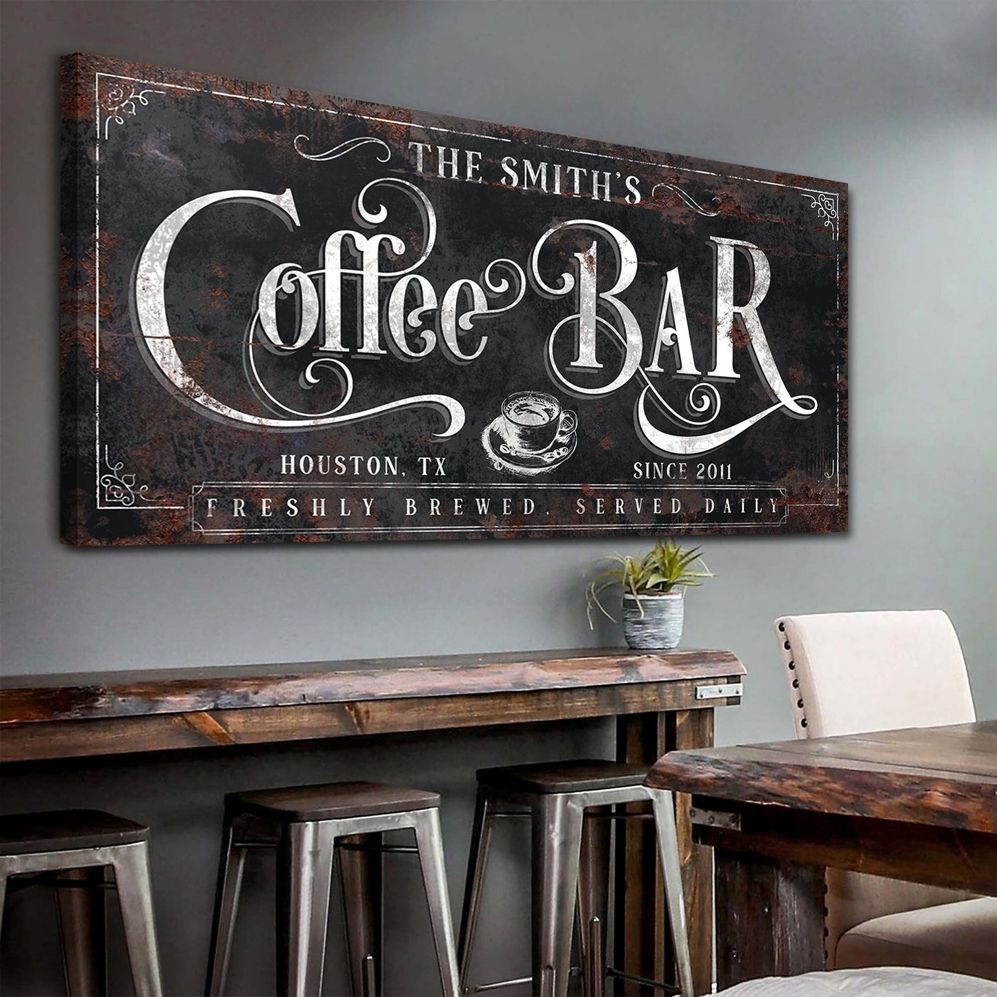Canvas Coffee Bar Sign XI by Tailored Canvases, vintage black with white ornate typography on Tampa Home & Garden Store