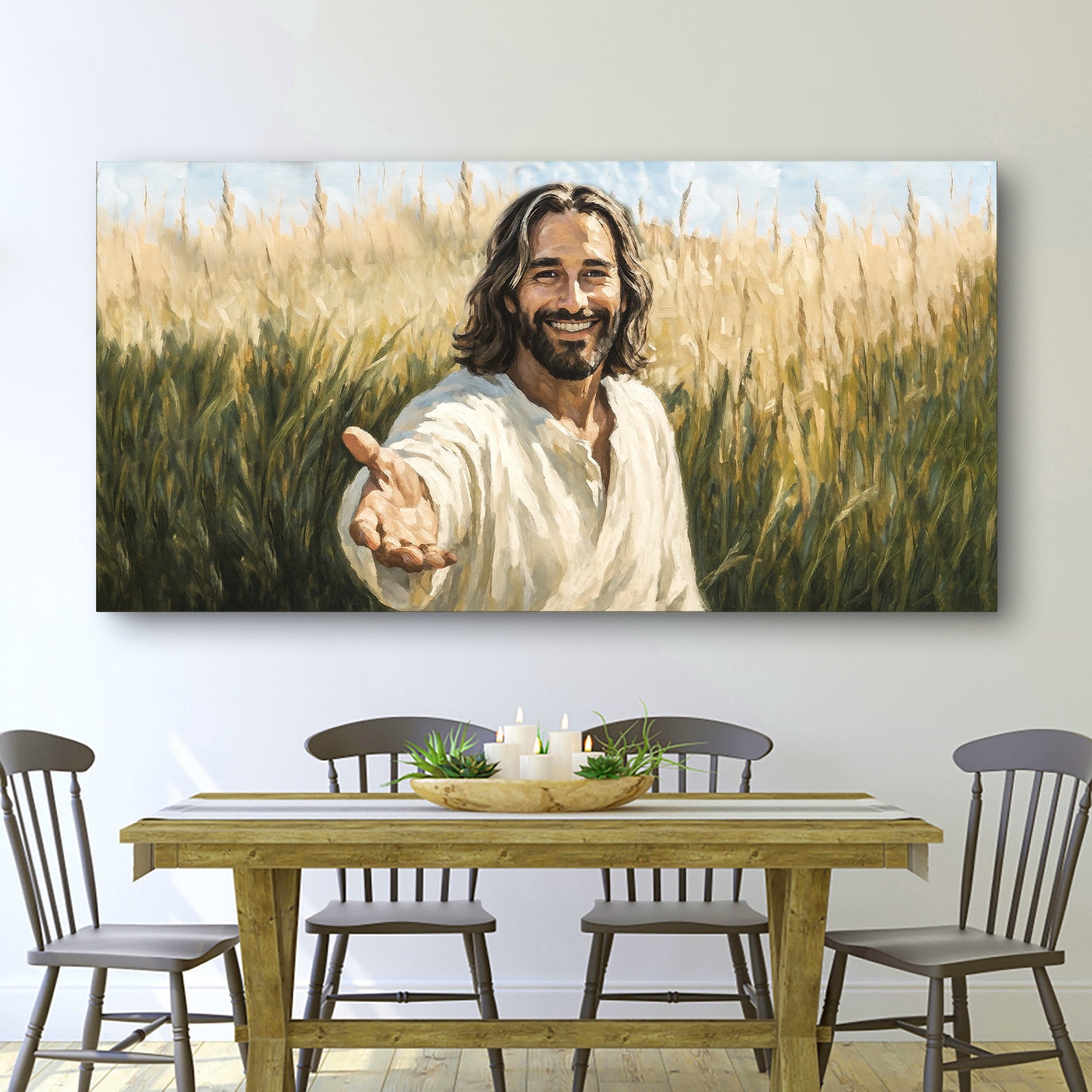 Canvas Savior's Invitation Faith Wall Art by Tailored Canvases in a golden field portrait on Tampa Home & Garden Store