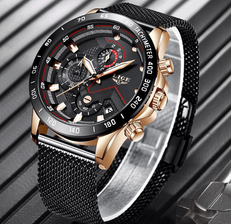Men's sports waterproof watch with stainless steel mesh bracelet, black dial, tachymeter, LIGE on Tampa Home & Garden Store