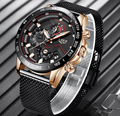 Men's sports waterproof watch with stainless steel mesh bracelet, black dial, tachymeter, LIGE on Tampa Home & Garden Store