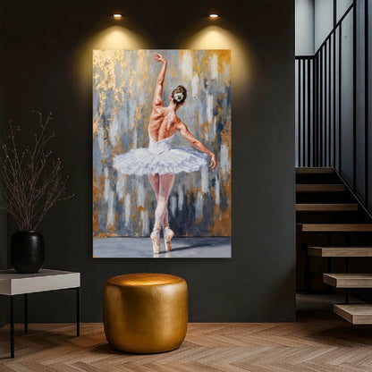 Modern Ballet Elegance Canvas featuring a ballerina in white tutu against a gold backdrop on Tampa Home & Garden Store