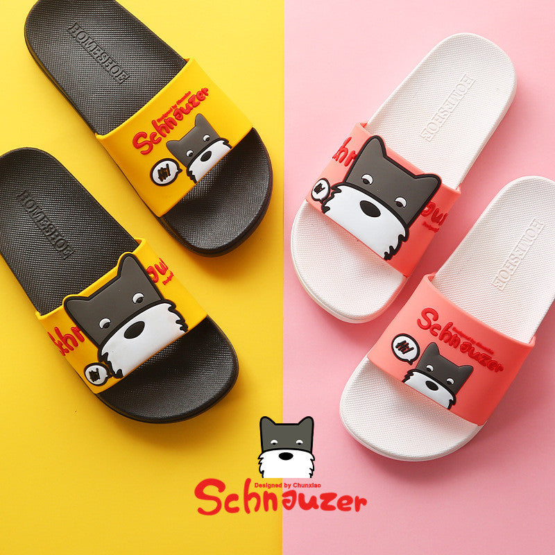 Stevvex Kids Dog Slippers Slides two pairs yellow/black and pink/white cartoon dog faces on Tampa Home & Garden Store