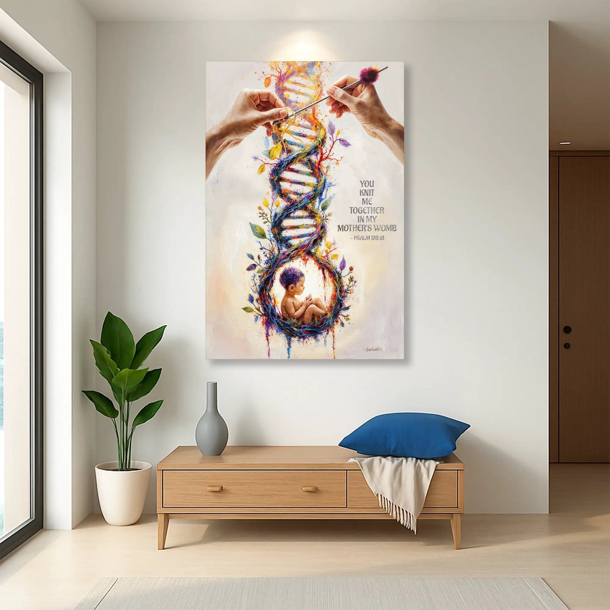Canvas faith sign Tailored Canvases with colorful DNA-tree illustration and baby Psalm 139:13 on Tampa Home & Garden Store