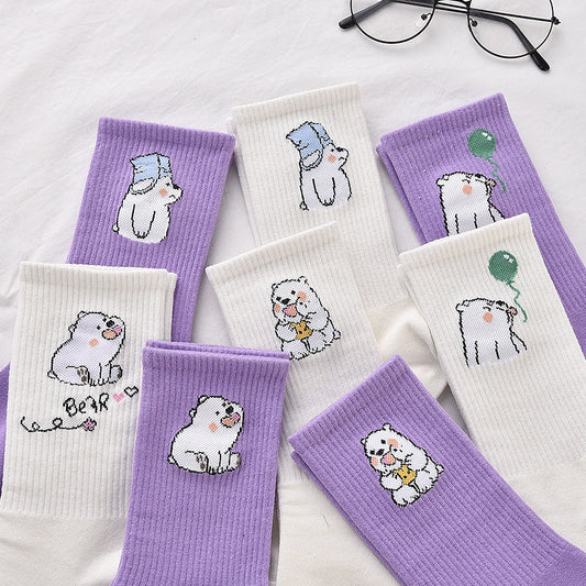 Stevvex crew socks 4Pair cotton bear cartoon socks white and purple on Tampa Home & Garden Store