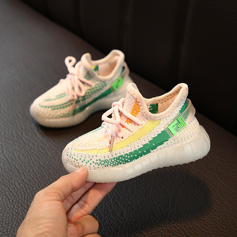 Stevvex pair of toddler leather sneakers for boys and girls with green yellow stripe white sole on Tampa Home & Garden Store