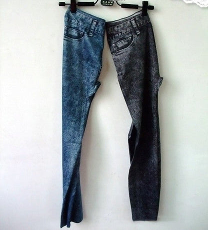 Denim look leggings with pockets by Stevvex, two-tone blue and charcoal, full-length on Tampa Home & Garden Store