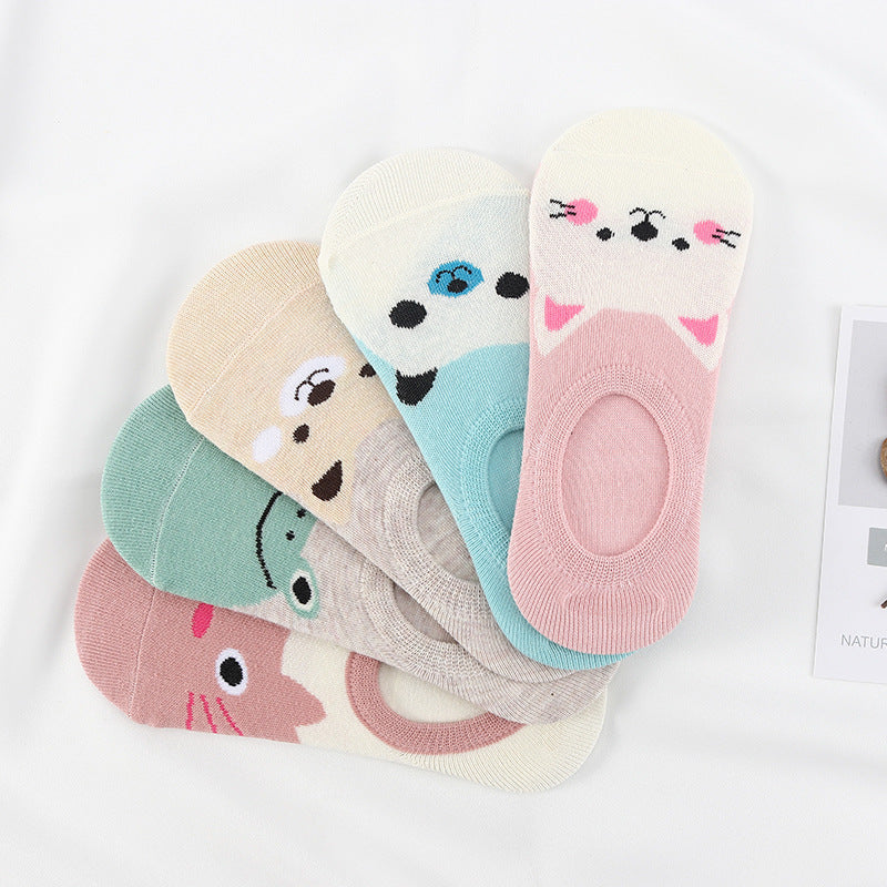 5-pair Stevvex ankle socks set cute animal faces cat dog panda in pink blue mint beige cotton on Tampa Home & Garden Store