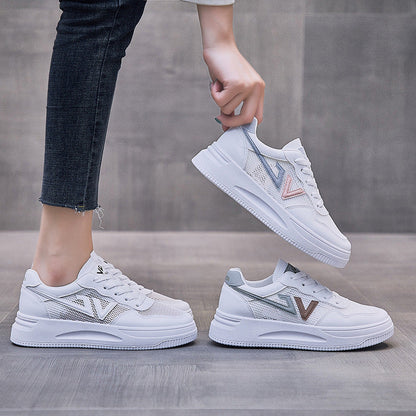 Stevvex white platform sneakers for women, breathable mesh, PU leather, lace-up, three shown on Tampa Home & Garden Store