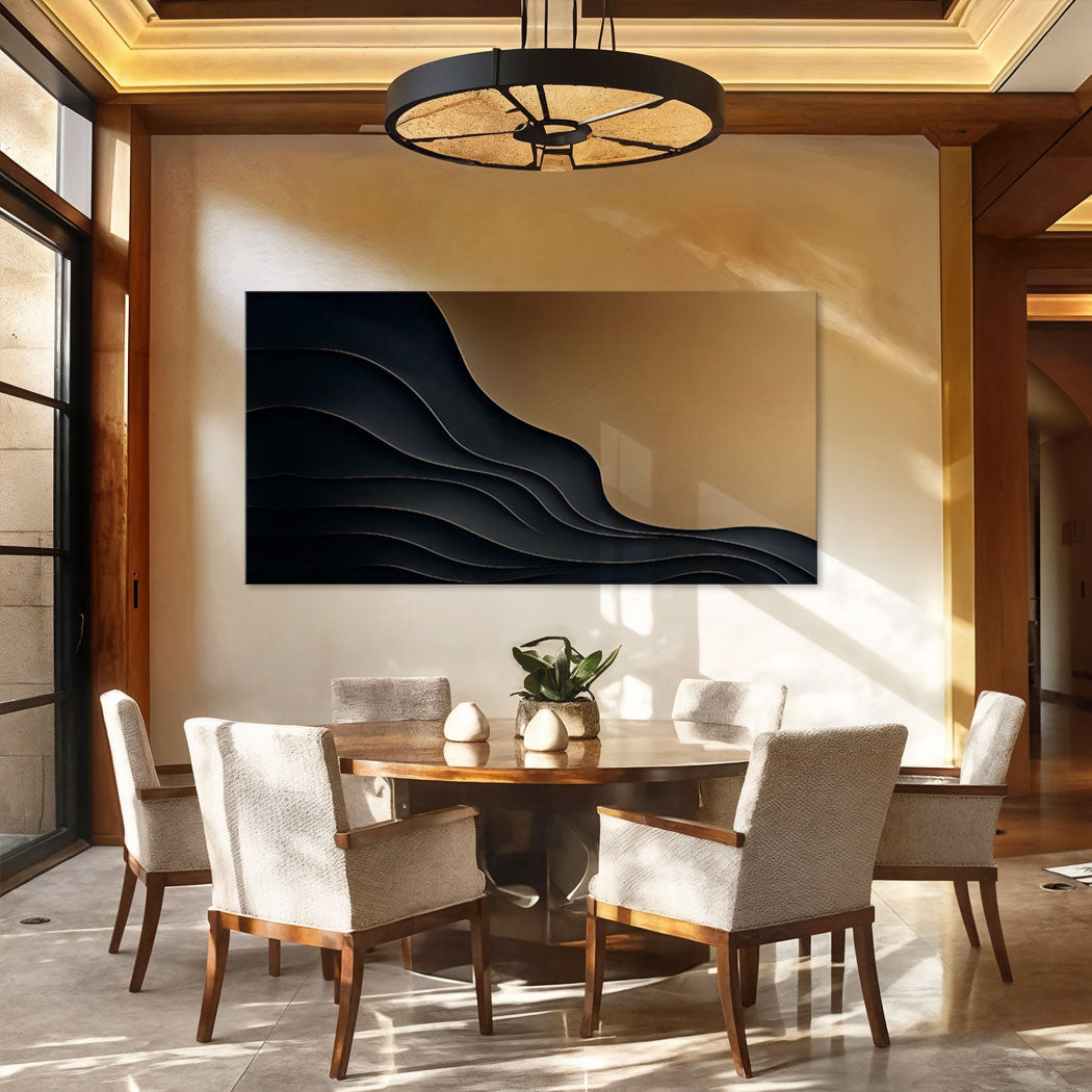 Black And Gold Minimalist Abstract X canvas by Tailored Canvases with black waves on beige on Tampa Home & Garden Store