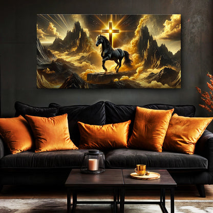 3D Horse Faith Wall Art canvas by Tailored Canvases, black horse beneath radiant cross on Tampa Home & Garden Store