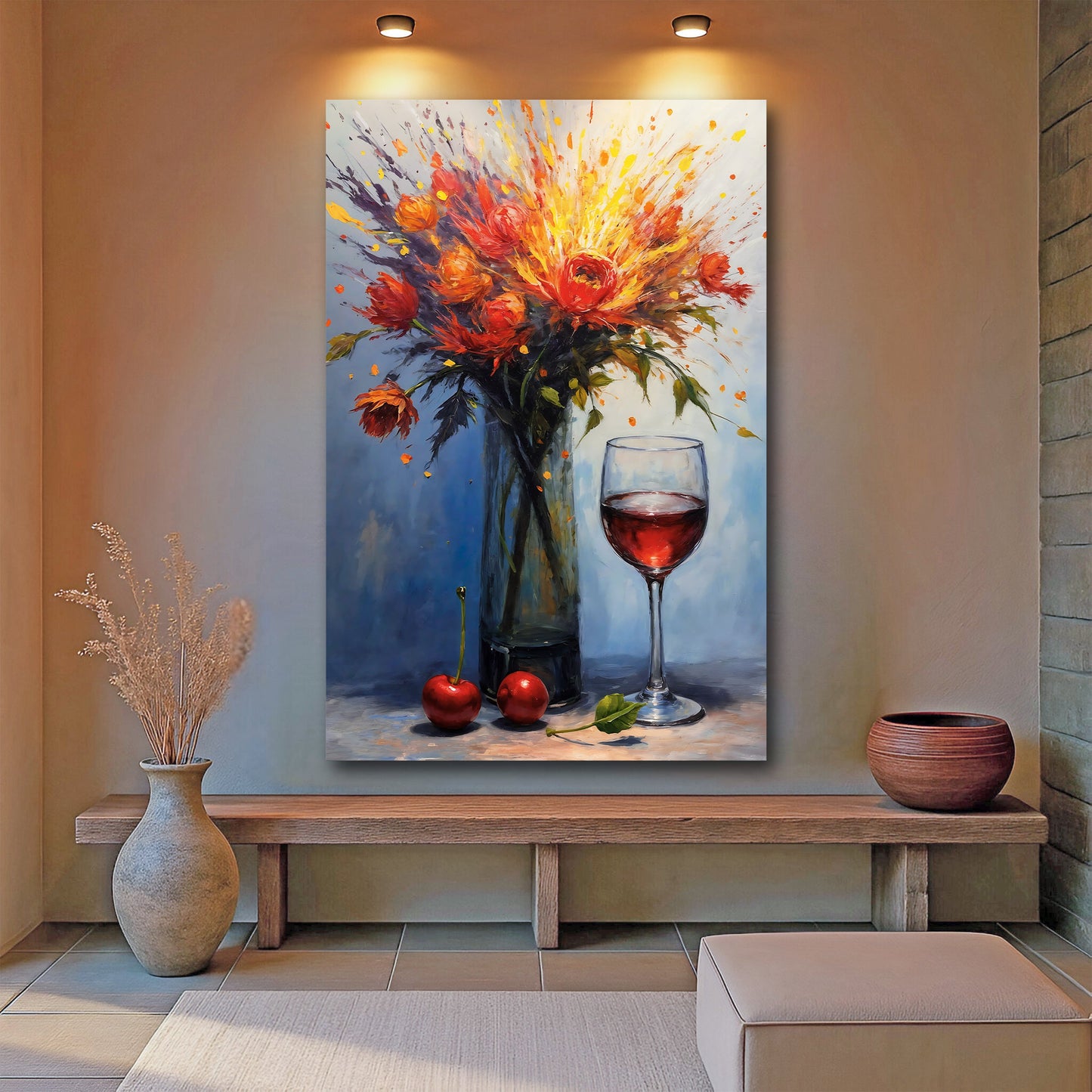 Dynamic Still Life Abstract Canvas with orange red bouquet and wine glass on blue backdrop on Tampa Home & Garden Store