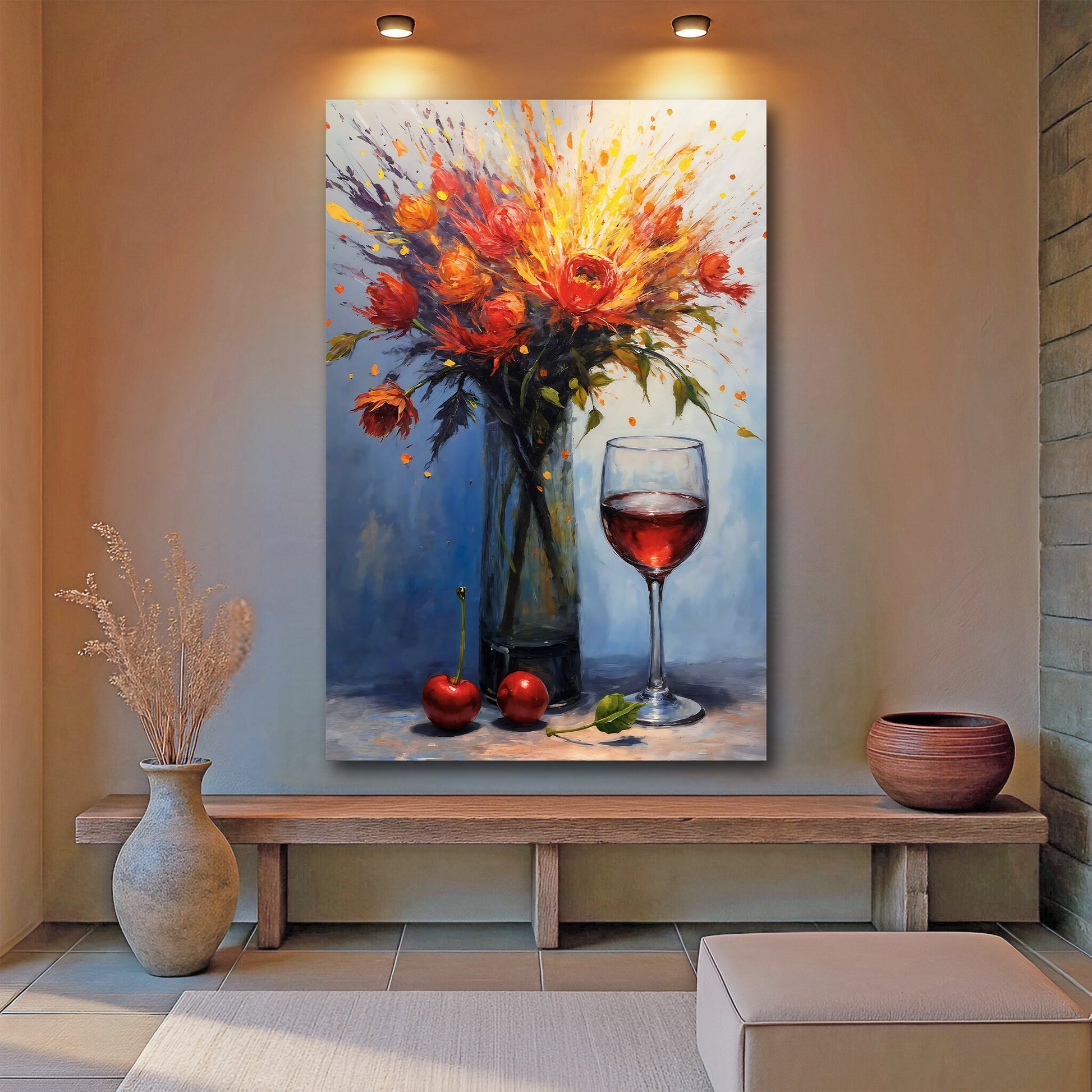 Dynamic Still Life Abstract Canvas with orange red bouquet and wine glass on blue backdrop on Tampa Home & Garden Store