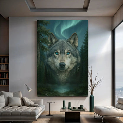 Wolf Northern Symphony Wall Art canvas by Tailored Canvases, vertical wolf portrait with blue eyes under the aurora Crafting Canvas on Tampa Home & Garden Store