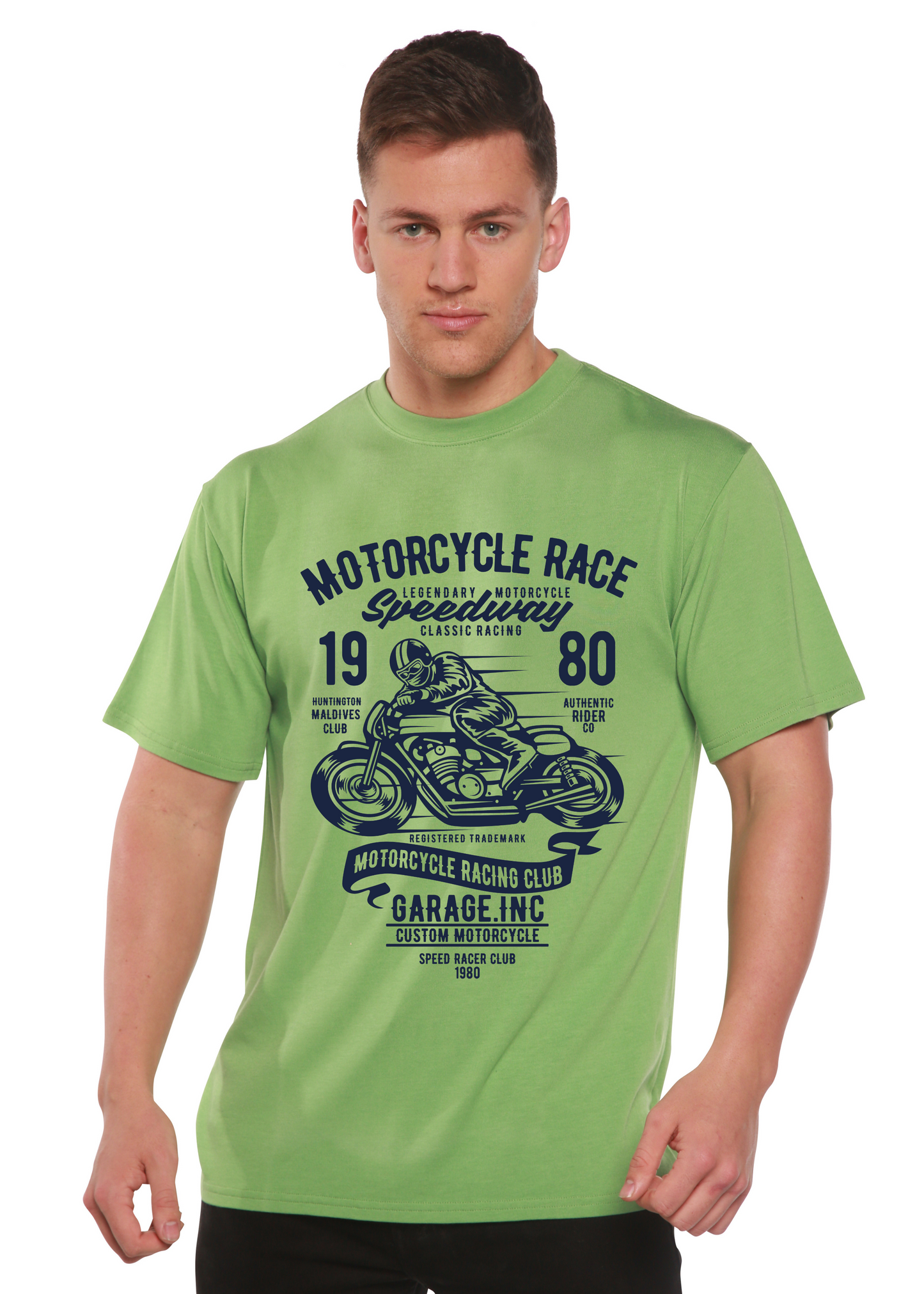 Men's lime green Spun Bamboo tee with motorcycle race print, bamboo viscose blend, short sleeves on Tampa Home & Garden Store