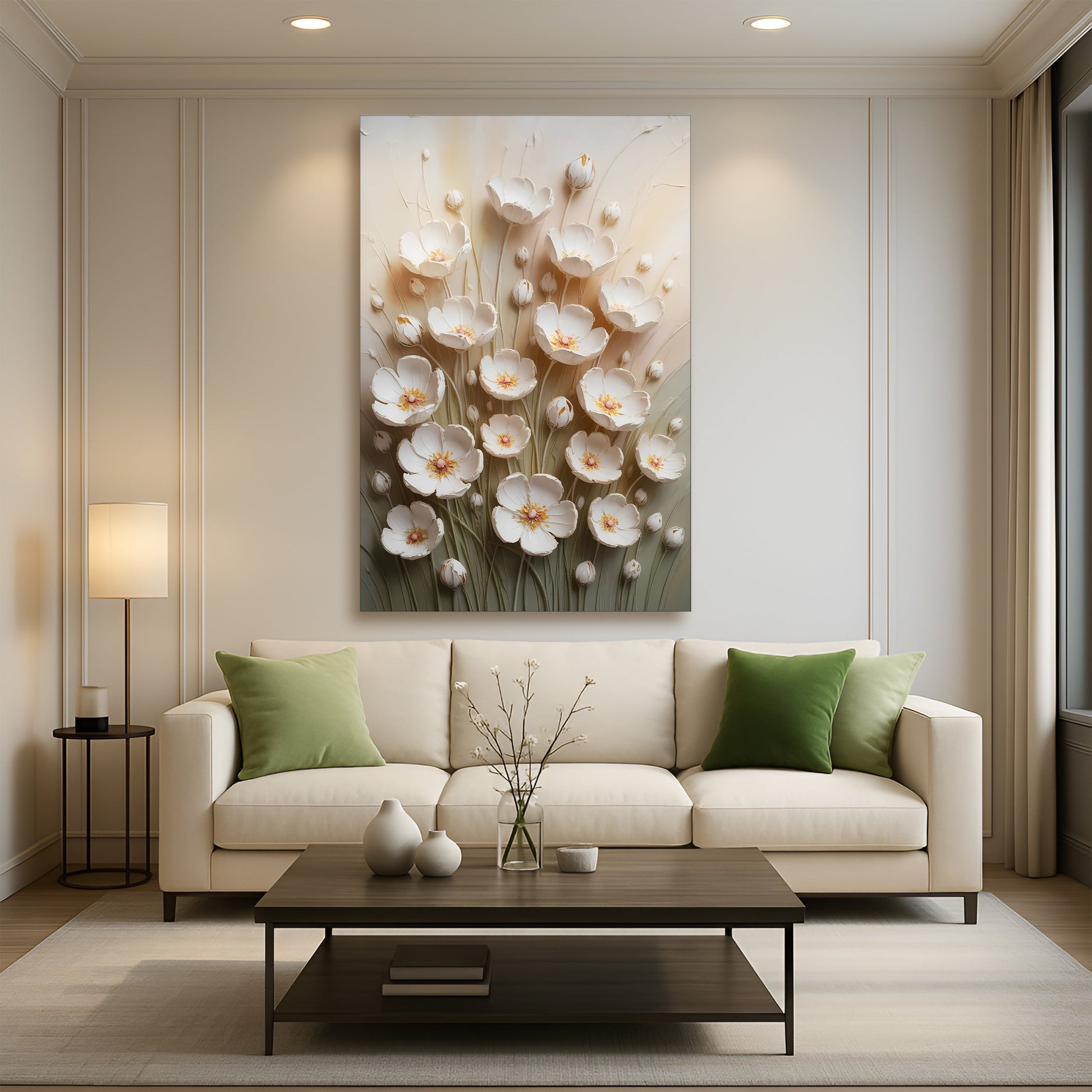 Floral canvas wall art by Tailored Canvases, beige background with white flowers on Tampa Home & Garden Store